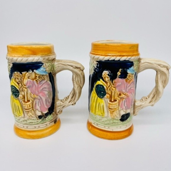 Other - Set of 2 Vintage Hand Painted Ceramic Mini German Beer Steins Made In Japan